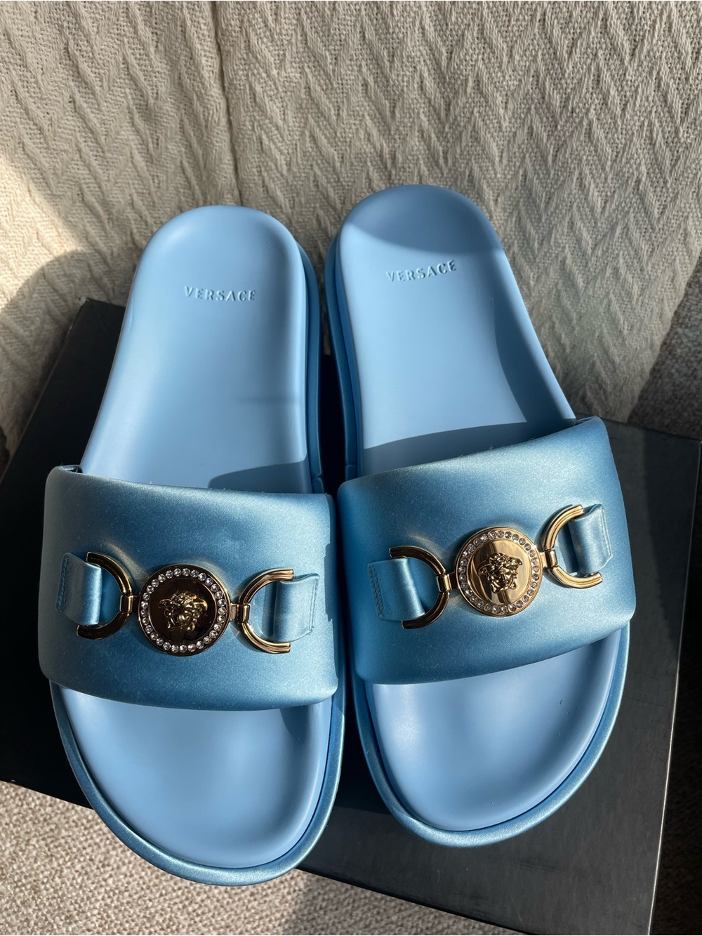 Versace Powder Blue Medusa-Emblem Satin Slide with Gold Accents